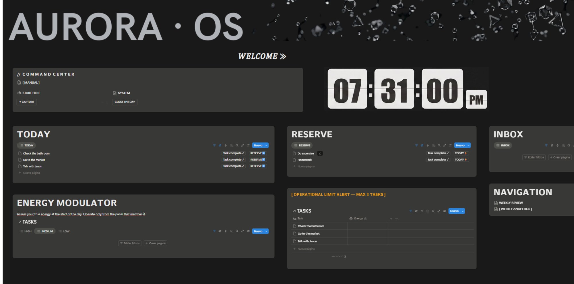Screenshot of the Aurora OS main hub in Notion, showing the Command Center, Today, Reserve, Inbox, and Tasks panels.