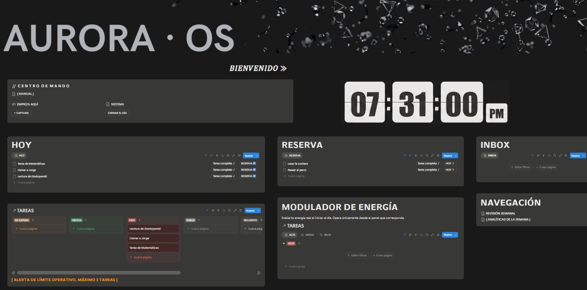 Captura del hub principal de Aurora OS en Notion, con los paneles Centro de Mando, Hoy, Reserva, Inbox y Tareas.